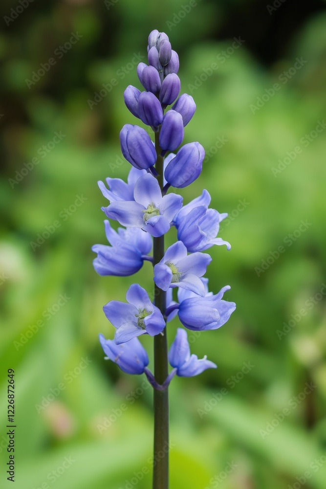 Obraz premium A single blue flower with a green stem. The flower is the main focus of the image. The flower is surrounded by green leaves, which add a sense of depth and contrast to the image