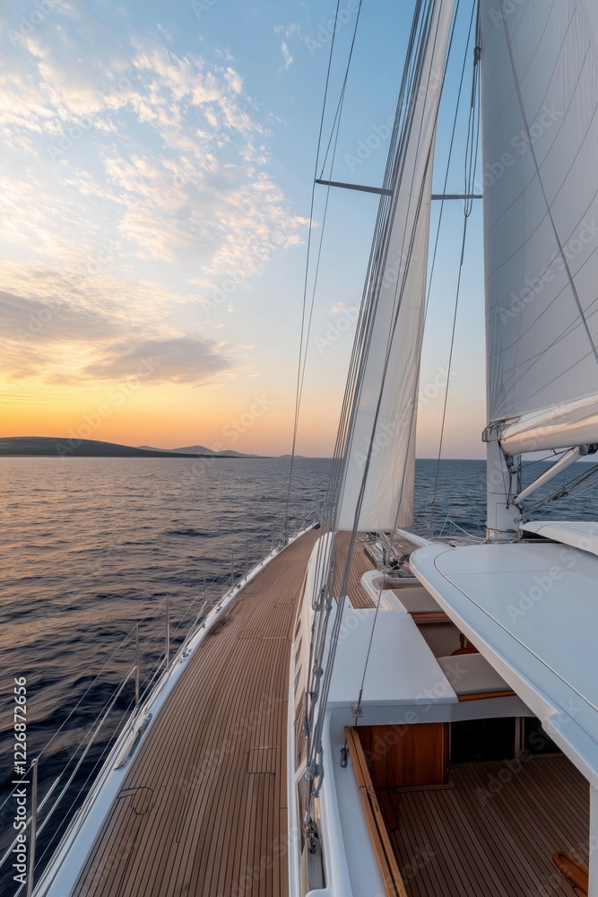 Obraz premium A sailboat is sailing on the ocean with a beautiful sunset in the background. The sail is white and the boat is large