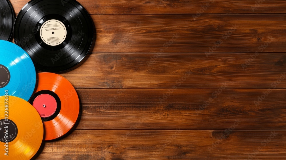 Fototapeta premium Colorful Vinyl Records on Rustic Wooden Background Perfect for Music or Nostalgia Themes