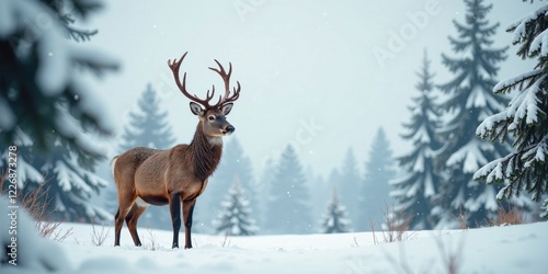 Majestic Stag in Winter Wonderland A Solitary Creature Amidst Snow-Covered Evergreen Trees