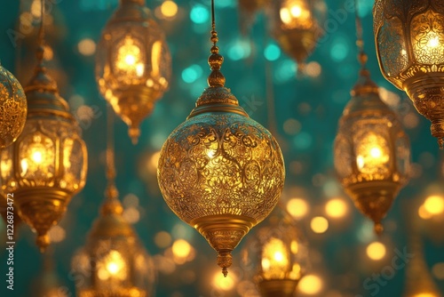 A cluster of gold colored lanterns hanging from the ceiling. The lanterns are lit up and create a warm and inviting atmosphere