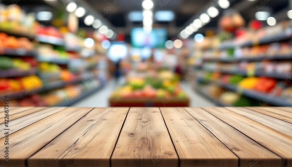 Empty wood table with a blurred supermarket background Empty wood table with a blurred supermarket background