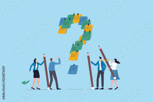 Ask question, listing problem to gather solution idea, faq or questionnaire, uncertainty, doubt or clarification, curiosity, solving problem concept, business people listing question mark sticky note.