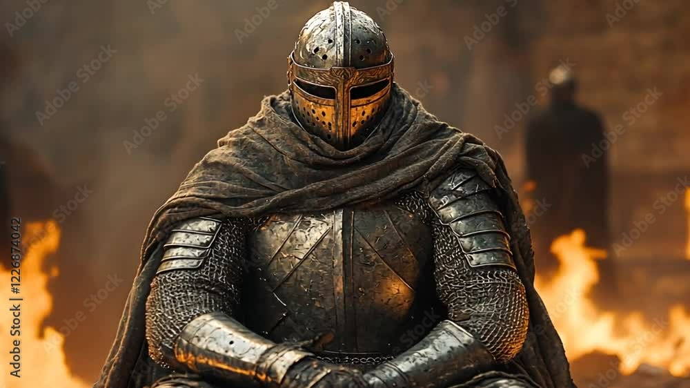 A heavily armored knight seated in a fiery, dramatic setting. A heavily armored knight seated in a fiery, dramatic setting.