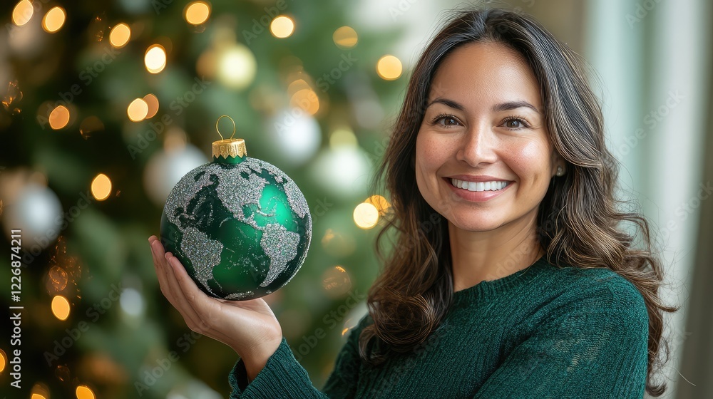 Fototapeta premium Green Globe Christmas Ornament: Celebrating Global Unity with a Festive Decor Piece