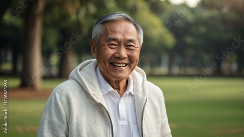 elderly asian male in white casual wear on a park background model portrait smiling for ad concept space for text