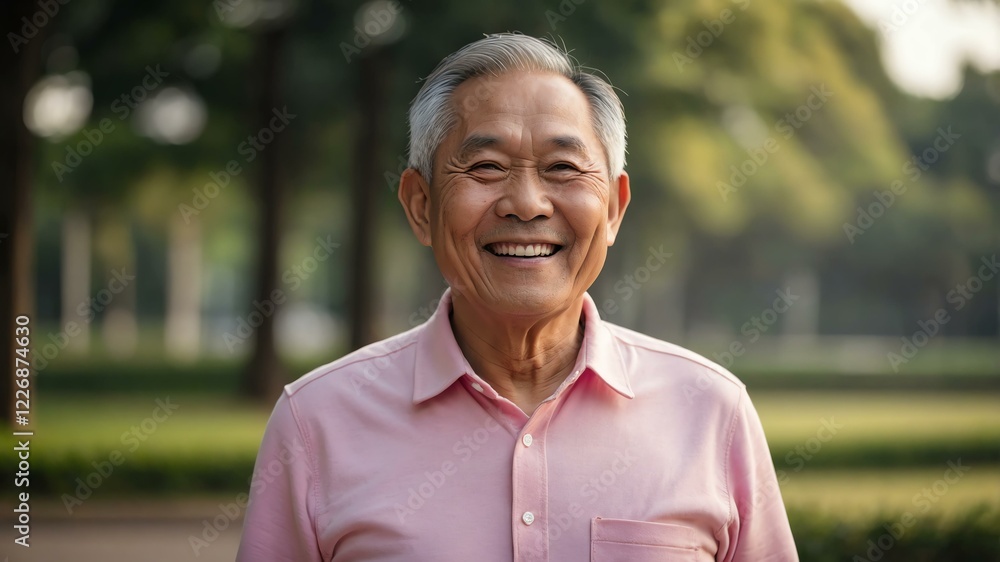 elderly asian male in pink casual wear on a park background model portrait smiling for ad concept space for text elderly asian male in pink casual wear on a park background model portrait smiling for ad concept space for text