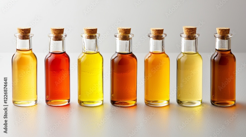 Six Small Bottles of Different Colored Oils Arranged in a Row Six Small Bottles of Different Colored Oils Arranged in a Row