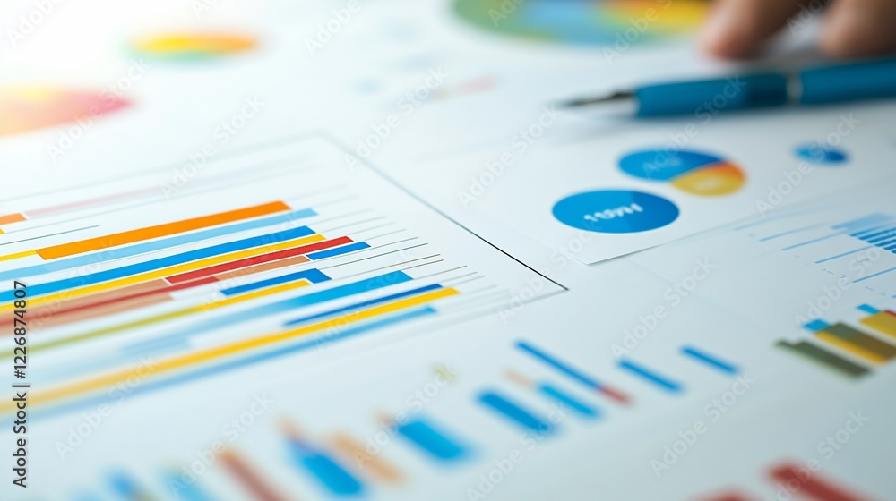 Close-up view of colorful charts and graphs on white paper with a blue pen in the background Close-up view of colorful charts and graphs on white paper with a blue pen in the background