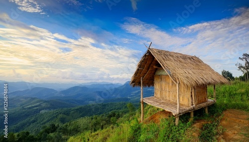 A Bahay Kubo in a mountain in the Philippines; Simple living in the mountain with blue sky; serene modern house