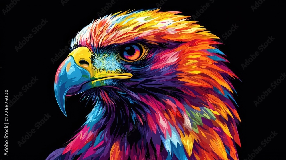 Fototapeta premium Colorful Illustration of Eagle's Head Against Black Background