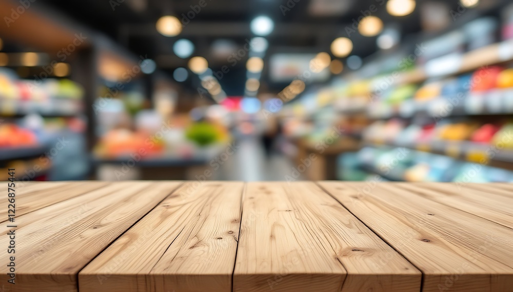 Empty wood table with a blurred supermarket background Empty wood table with a blurred supermarket background