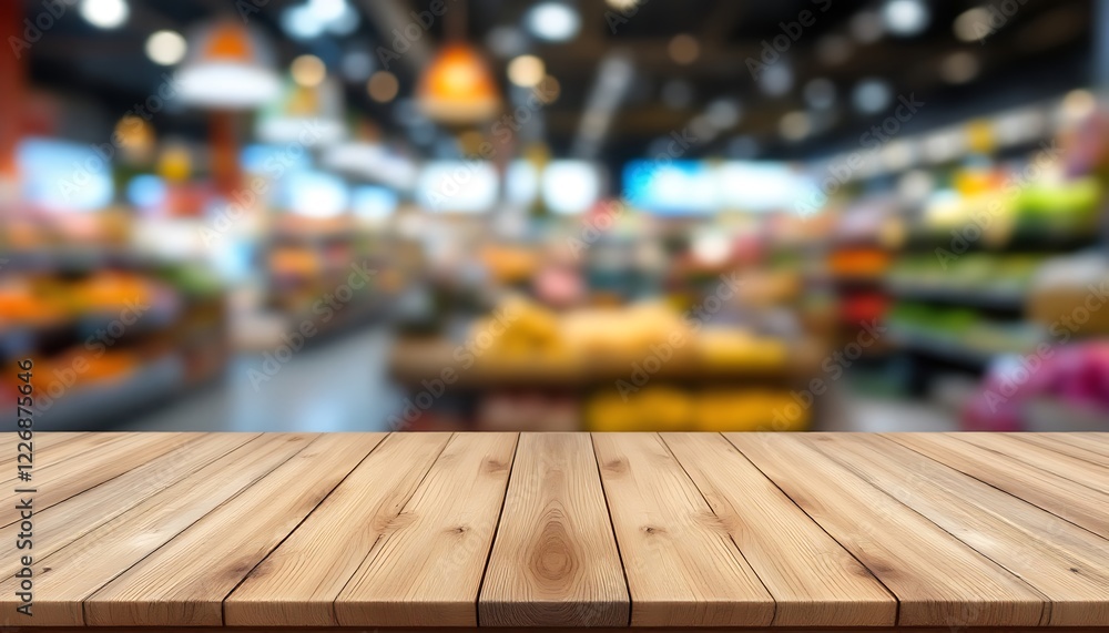 Empty wood table with a blurred supermarket background Empty wood table with a blurred supermarket background