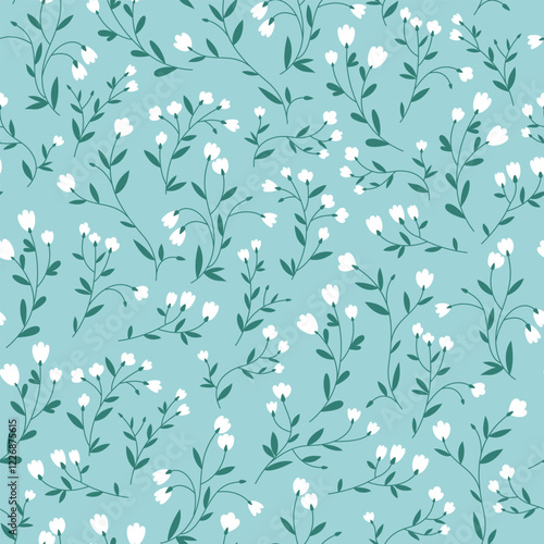 Vector seamless pattern with white flowers on a blue background. Hand drawn illustration of snowdrops. Blooming field. A simple minimalist pattern for fabric, covers and design.