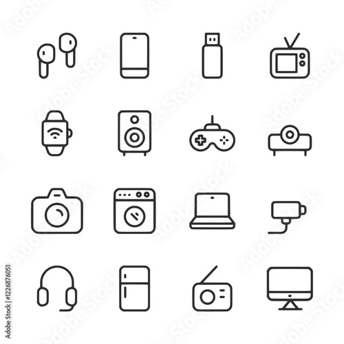 A set of icons for various electronic devices and appliances
