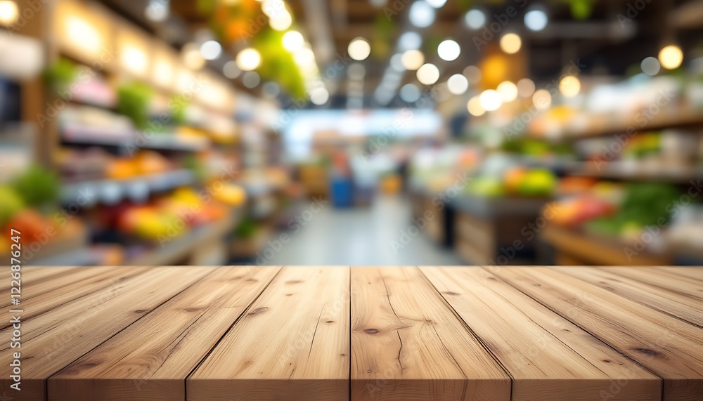 Empty wood table with a blurred supermarket background Empty wood table with a blurred supermarket background