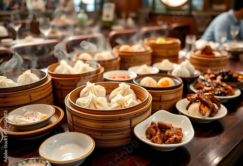 Delicious Steaming Dim Sum Dishes in Restaurant