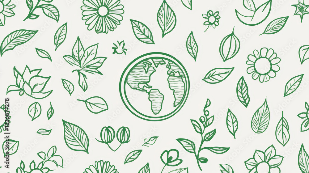 Environment modern geometric pattern. Vector linear grid background with environmental and nature-inspired symbols. Flowers, globe, solar energy and leaves in a vibrant green outline on white backdrop Environment modern geometric pattern. Vector linear grid background with environmental and nature-inspired symbols. Flowers, globe, solar energy and leaves in a vibrant green outline on white backdrop