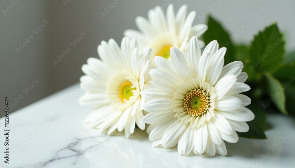 white gerbera daisies in a bouquet on a marble table with soft focus, natural, white, soft focus