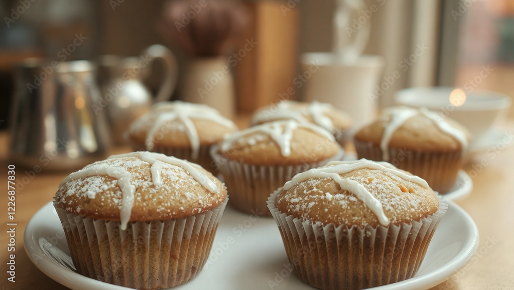 Freshly baked muffins topped with a light dusting of powdered sugar and drizzled with icing, served on a plate in a cozy café setting, with a blurred background of soft lighting Freshly baked muffins topped with a light dusting of powdered sugar and drizzled with icing, served on a plate in a cozy café setting, with a blurred background of soft lighting