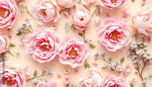 Pink Peonies and Delicate Flowers Arranged on a Pale Background