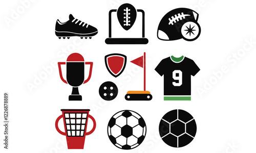 Sports and Trophy Icons - Black and Red Vector Illustrations of Football, Soccer, and Championship Symbols