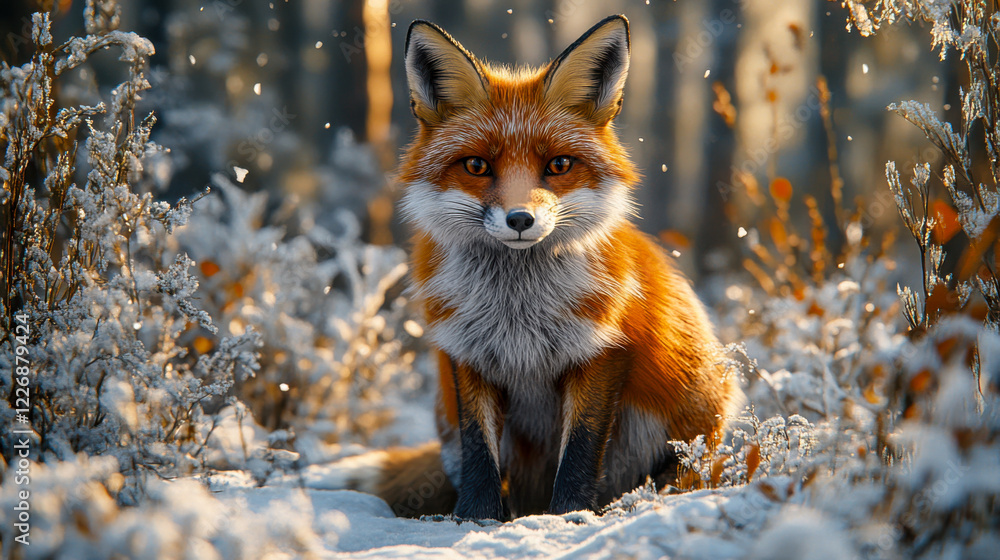 Fototapeta premium A red fox lying in a snowy forest with a curious expression