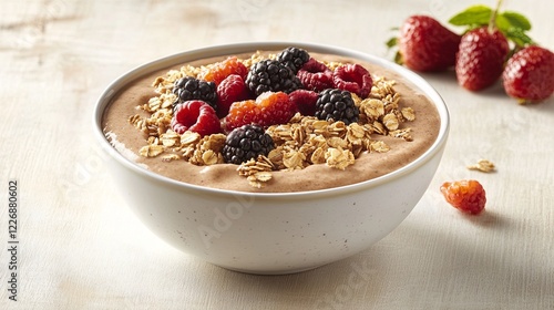A bowl of smoothie topped with granola and fresh berries on a light wooden table. picture