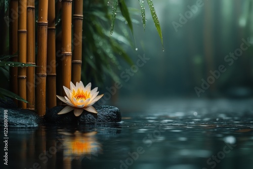 Serene Yellow Lotus Flower in a Misty Zen Garden with Bamboo photo