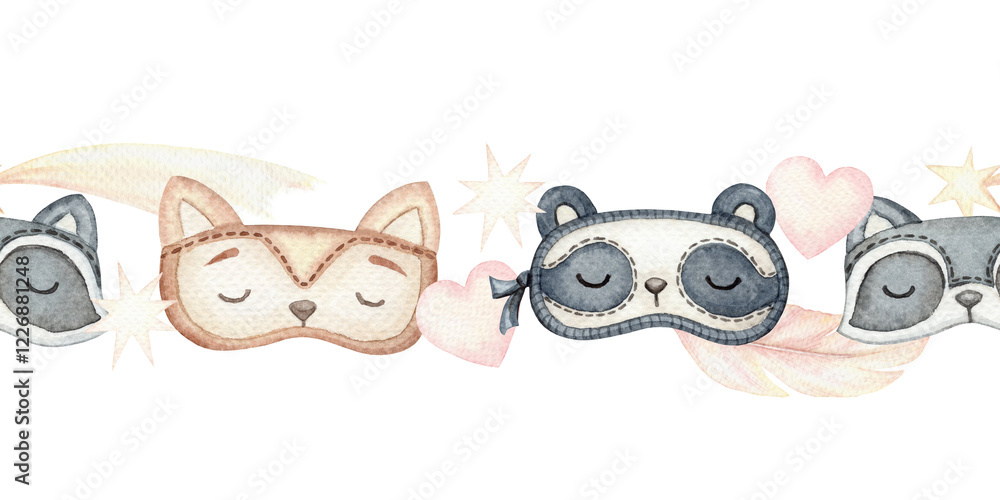 Fototapeta premium Pajama party seamless border with cute sleep masks surrounded with soft feathers and heart. Hand drawn watercolor illustration in cartoon style. Perfect for childlike template and baby designs.