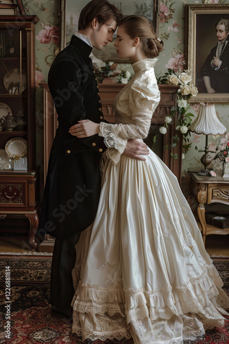 Elegant Victorian Couple in Romantic Embrace in Luxurious Vintage Interior