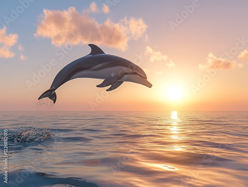 Dolphins Leaping into Sunset: Two playful dolphins soar through the air in a breathtaking leap against a fiery sunset, a symbol of freedom and boundless energy.