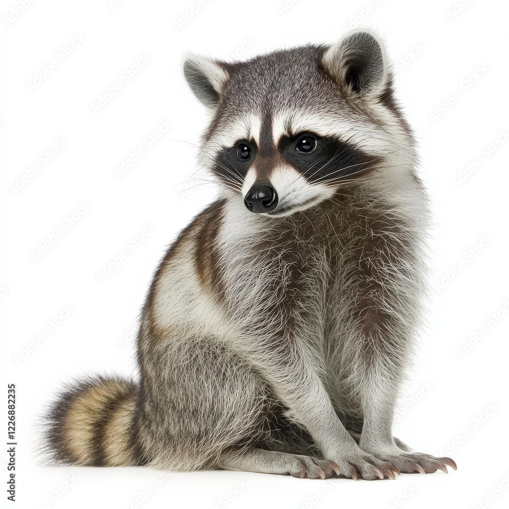 Obraz premium North American raccoon sitting, isolated on white.