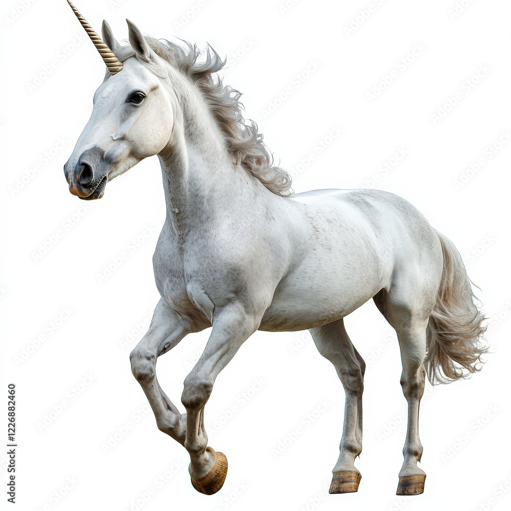 White unicorn horse in mid-stride, isolated. White unicorn horse in mid-stride, isolated.