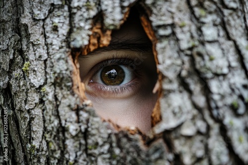 A Single Eye Peering Through Tree Bark photo