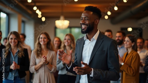 Man is standing in front of group of people clapping