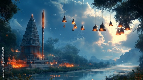 **A mystical Maha Shivratri greeting card featuring a serene landscape with a Trishul standing tall against a moonlit sky, with glowing temple bells hanging in the air.