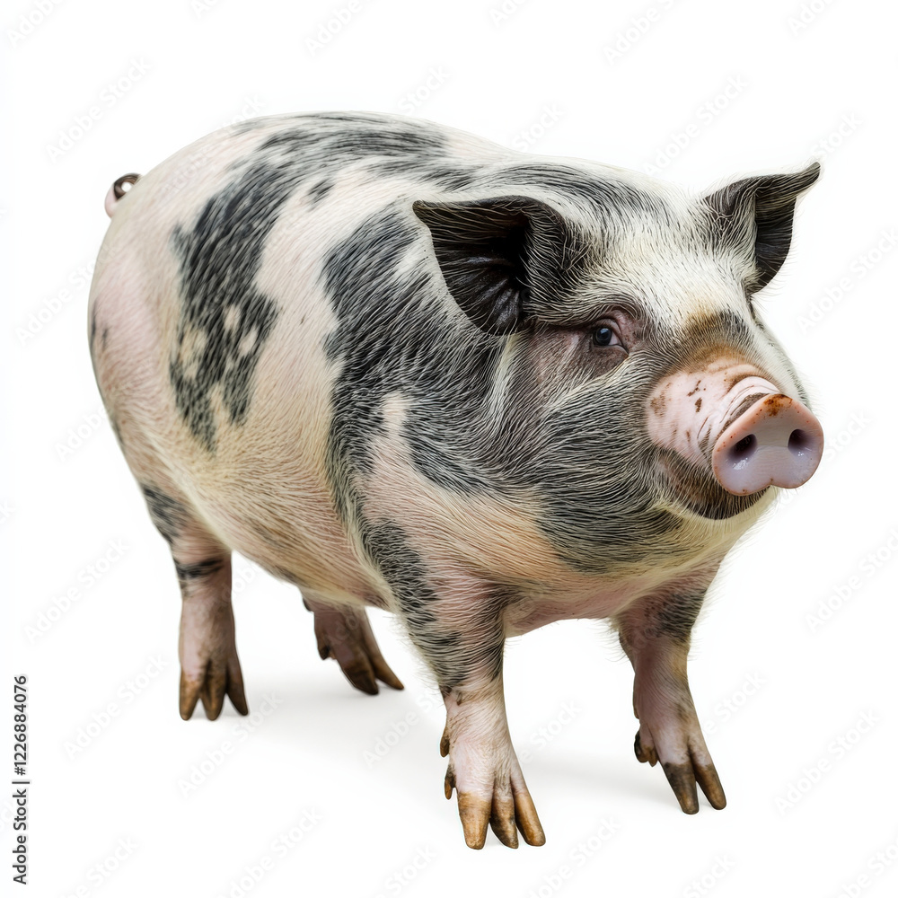 Piglet, black and white spotted, standing. Piglet, black and white spotted, standing.