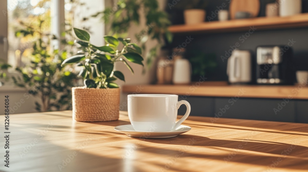 Coffee cup on a wooden table in a modern kitchen Coffee cup on a wooden table in a modern kitchen