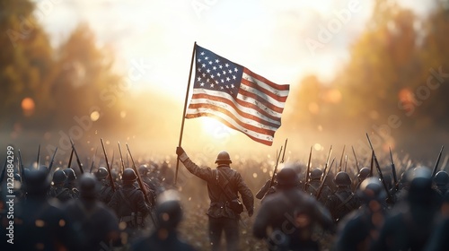 Soldier Holding American Flag at Sunrise in Battlefield photo