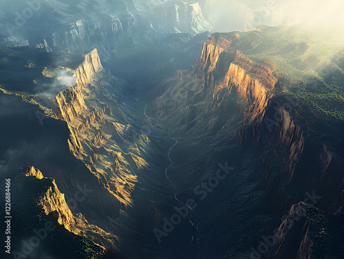 Majestic Mountain Ranges: A breathtaking aerial view of majestic mountain ranges bathed in the golden light of the setting sun. Dramatic peaks pierce the sky. photo