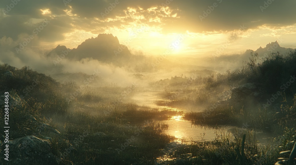 Fototapeta premium Misty sunset valley river landscape, digital art