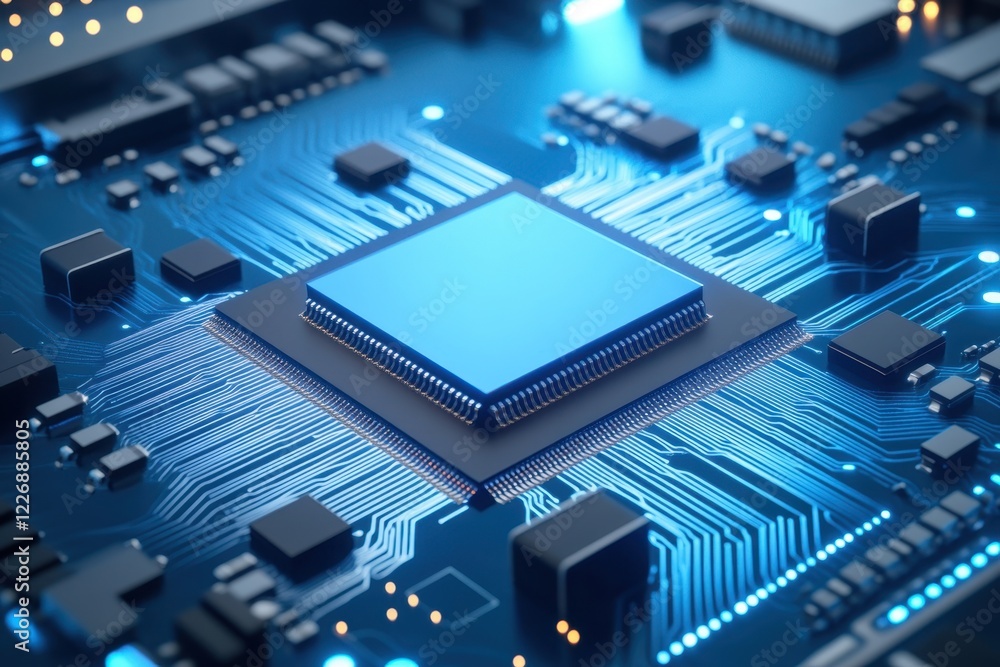 A detailed close-up of a blue microchip on a circuit board, showcasing intricate connections and glowing lights, emphasizing modern technology. A detailed close-up of a blue microchip on a circuit board, showcasing intricate connections and glowing lights, emphasizing modern technology.