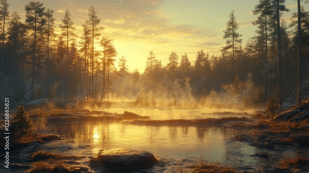 Misty Sunrise over Nordic Forest Pool Misty Sunrise over Nordic Forest Pool