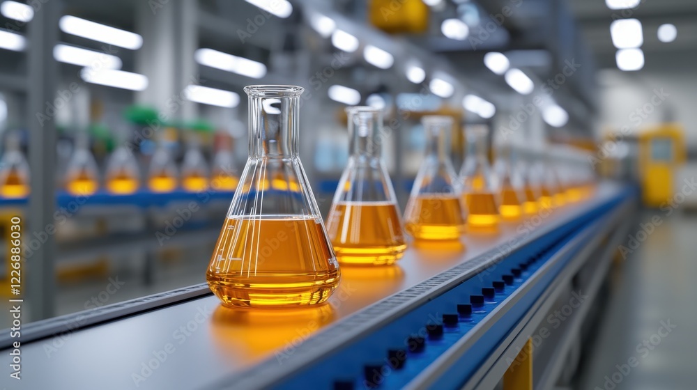 A conveyor belt in a lab features flasks filled with amber liquid, set against a modern industrial backdrop. A conveyor belt in a lab features flasks filled with amber liquid, set against a modern industrial backdrop.