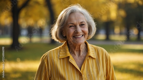 elderly caucasian female in yellow casual wear on a park background model portrait smiling for ad concept space for text
