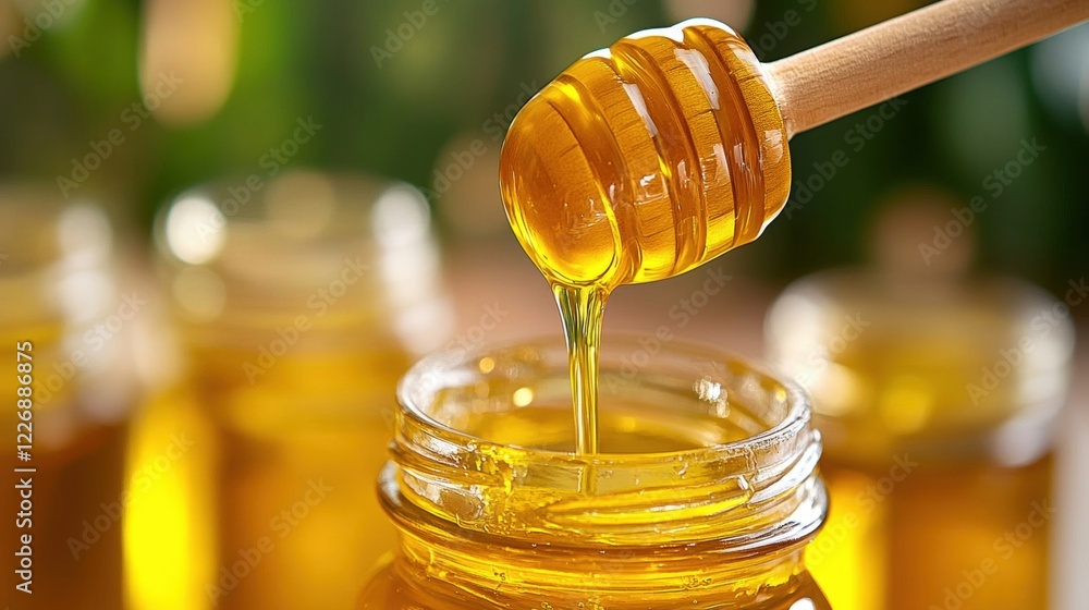 Dripping Honey from Wooden Dipper into Glass Jar Close-up Dripping Honey from Wooden Dipper into Glass Jar Close-up