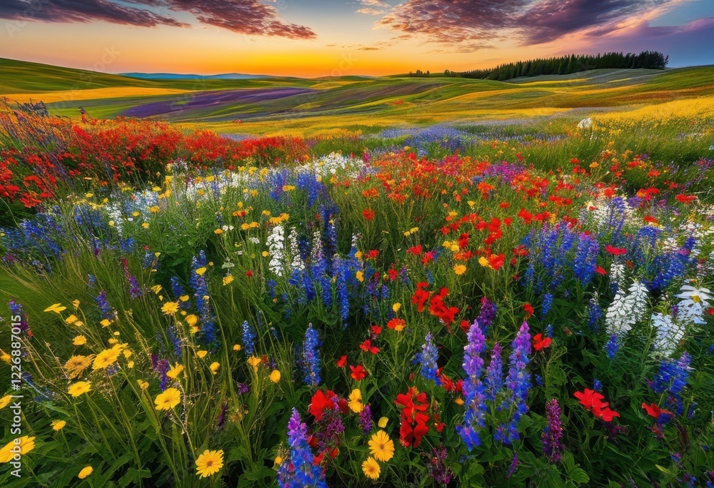 Obraz premium vast field colorful wildflowers stretching out beneath bright vibrant sky fluffy clouds rolling landscape, blossoms, nature, meadow, spring, scenery, bloom