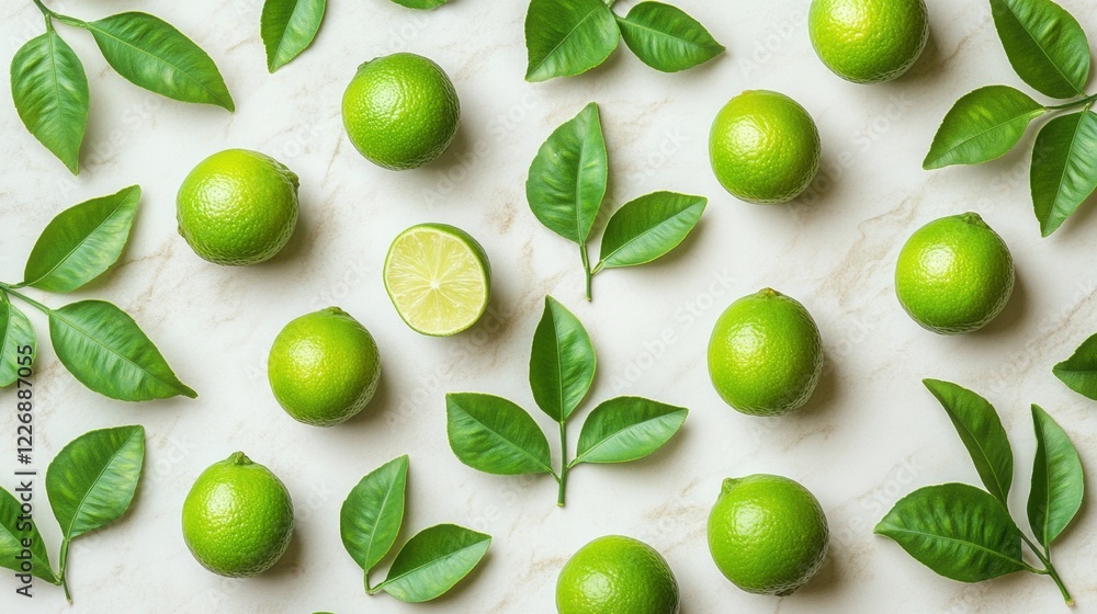 Fresh Green Limes and Leaves Arranged on a Light Background Fresh Green Limes and Leaves Arranged on a Light Background