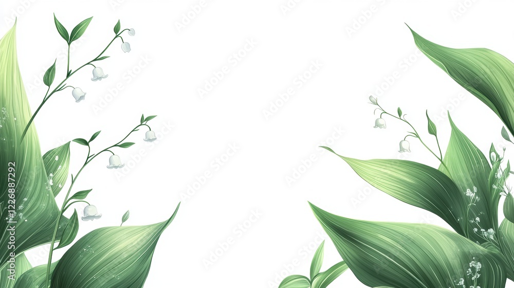 Naklejka premium Delicate Lily of the Valley Flowers on Soft Green Leaves Background